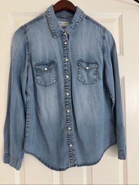New Look Light Blue Denim Pearl Snap Shirt